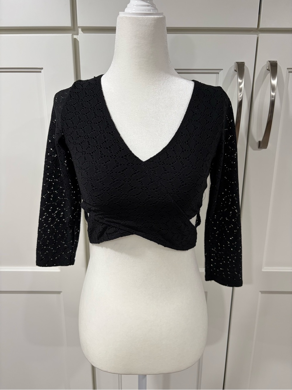 Hollister Black V-Neck Crochet Wrap Crop Top With Side Cutouts